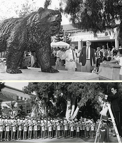 UCLA Bruin statue unveiled; Bill Conti leads the UCLA Band in the performance of “The Mighty Bruins